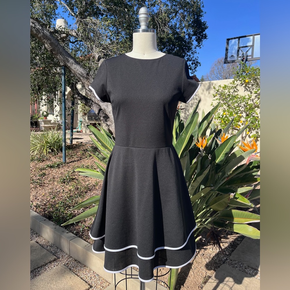 Aqua Black Fit-and-Flare Dress with White Trim